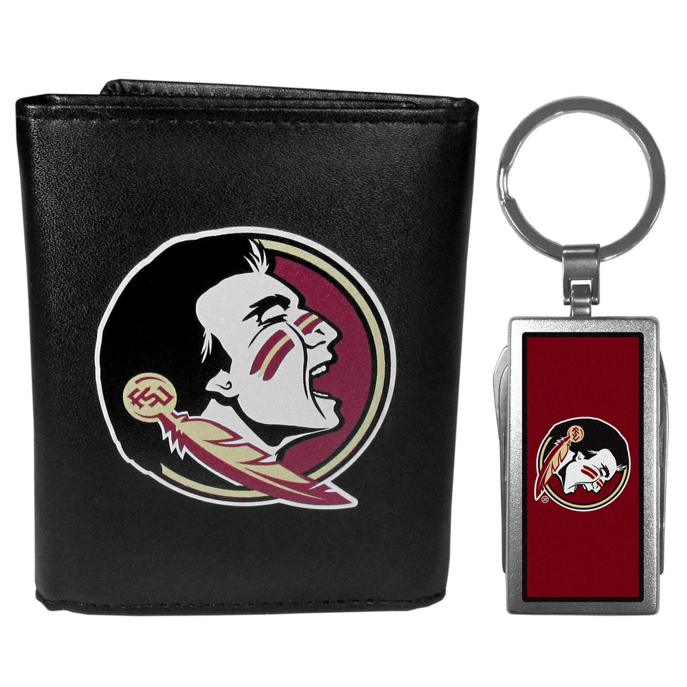 Florida St. Seminoles Leather Tri-fold Wallet & Multitool Key Chain, Black - Florida St. Seminoles - Flyclothing LLC