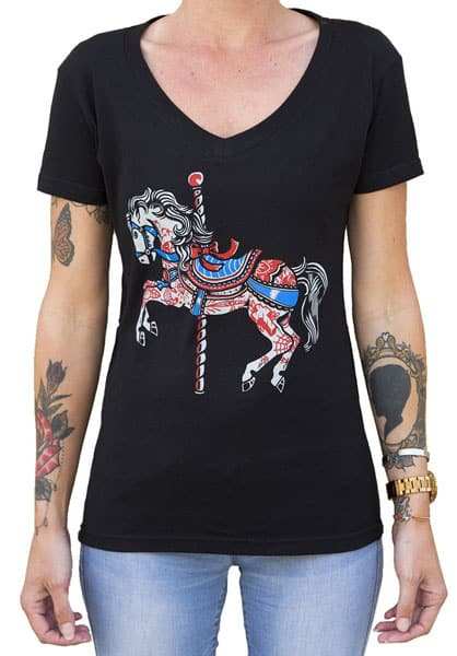 Black Market Art Company Carousel Horse Womens V-Neck T-Shirt - Black Market Art Company - Flyclothing LLC