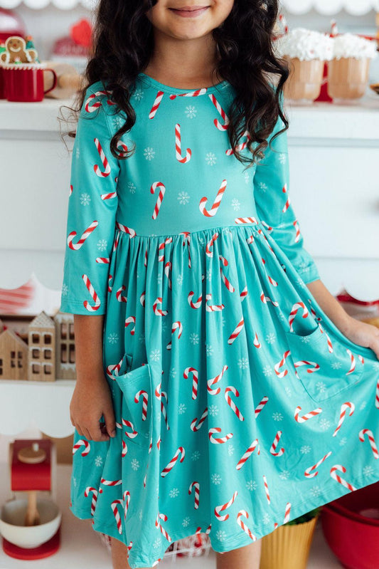 Christmas Candy 3/4 Sleeve Pocket Twirl Dress