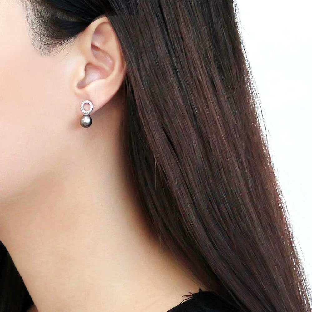 DA221 - High polished (no plating) Stainless Steel Earrings with Synthetic Pearl in Gray - Alamode - Flyclothing LLC