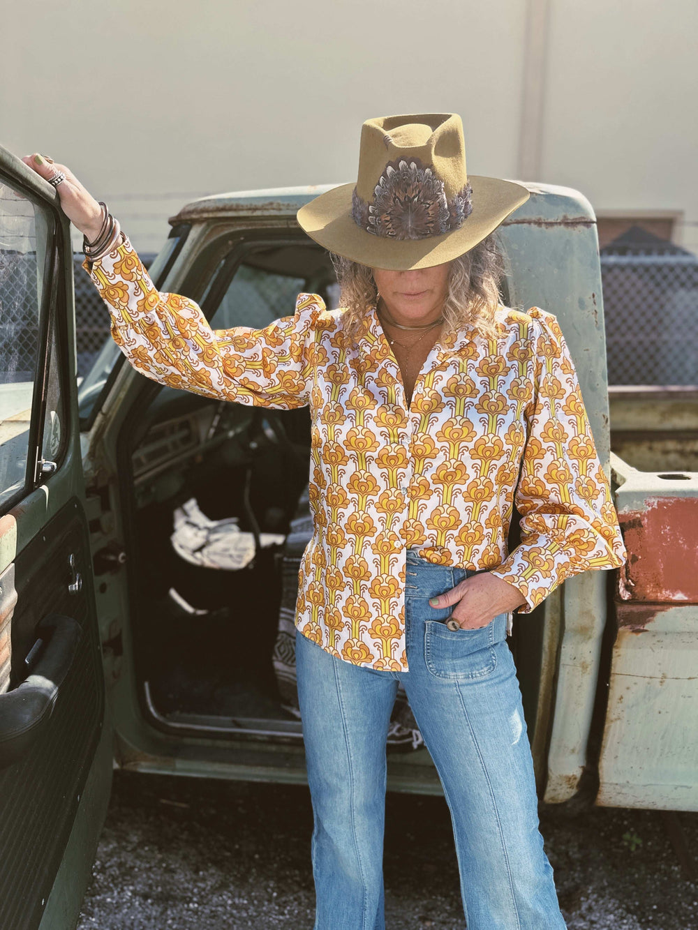 Streets Of Gold Golden Yellow Tulip Flower Pouf Sleeve Button Up Blouse - Lil Bee's Bohemian - Flyclothing LLC
