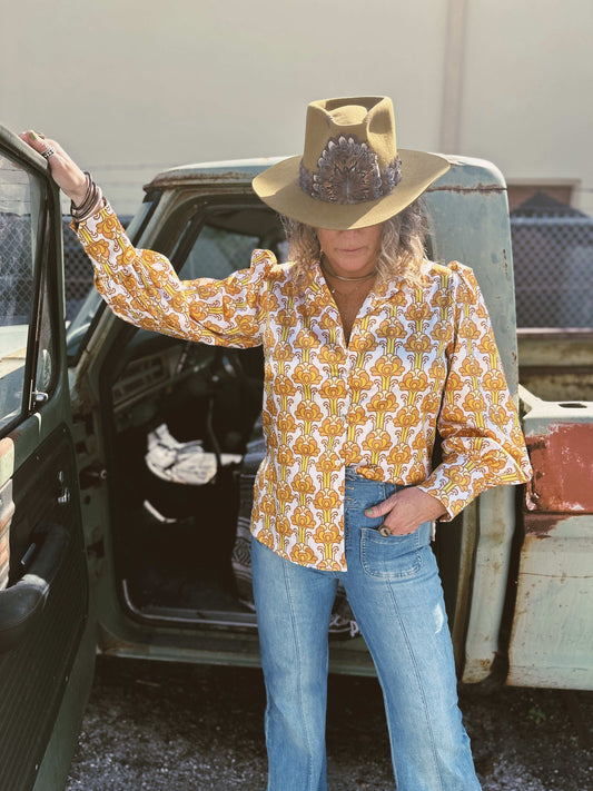 Streets Of Gold Golden Yellow Tulip Flower Pouf Sleeve Button Up Blouse - Lil Bee's Bohemian - Flyclothing LLC