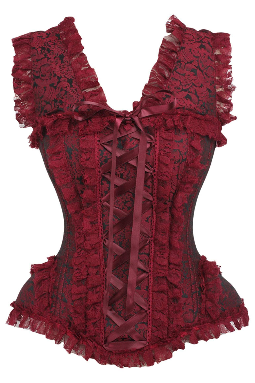 Daisy Corsets Top Drawer Red/Black Brocade & Lace Steel Boned Corset w/Cap Sleeves - Daisy Corsets - Flyclothing LLC