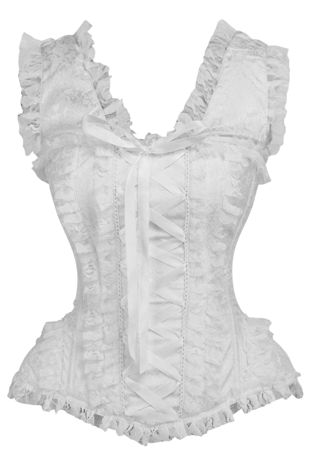 Daisy Corsets Top Drawer White Brocade & Lace Steel Boned Corset w/Cap Sleeves - Daisy Corsets - Flyclothing LLC