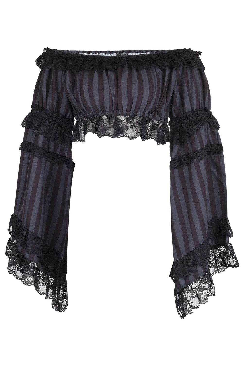 Daisy Corsets Black/Grey Striped Smocked Flare Sleeve Peasant Top - Daisy Corsets - Flyclothing LLC