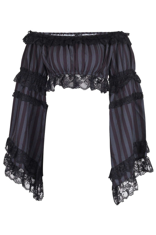 Daisy Corsets Black/Grey Striped Smocked Flare Sleeve Peasant Top - Daisy Corsets - Flyclothing LLC