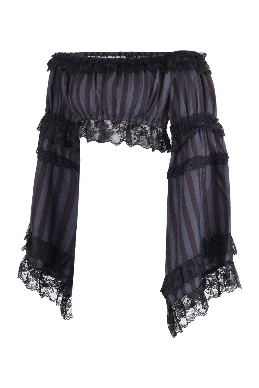 Daisy Corsets Black/Grey Striped Smocked Flare Sleeve Peasant Top - Daisy Corsets - Flyclothing LLC