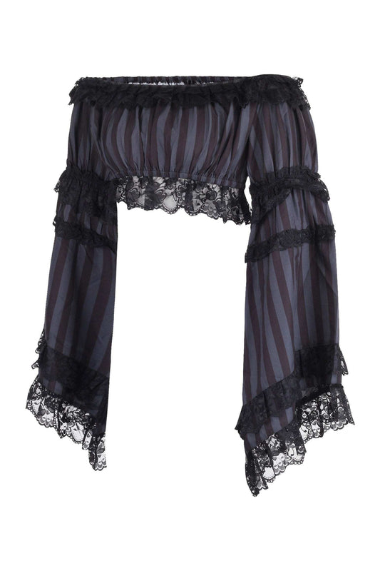 Daisy Corsets Black/Grey Striped Smocked Flare Sleeve Peasant Top - Daisy Corsets - Flyclothing LLC