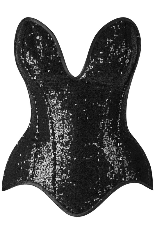 Daisy Corsets Top Drawer Steel Boned Black Sequin Plunge Neckline Overbust Corset - Daisy Corsets - Flyclothing LLC