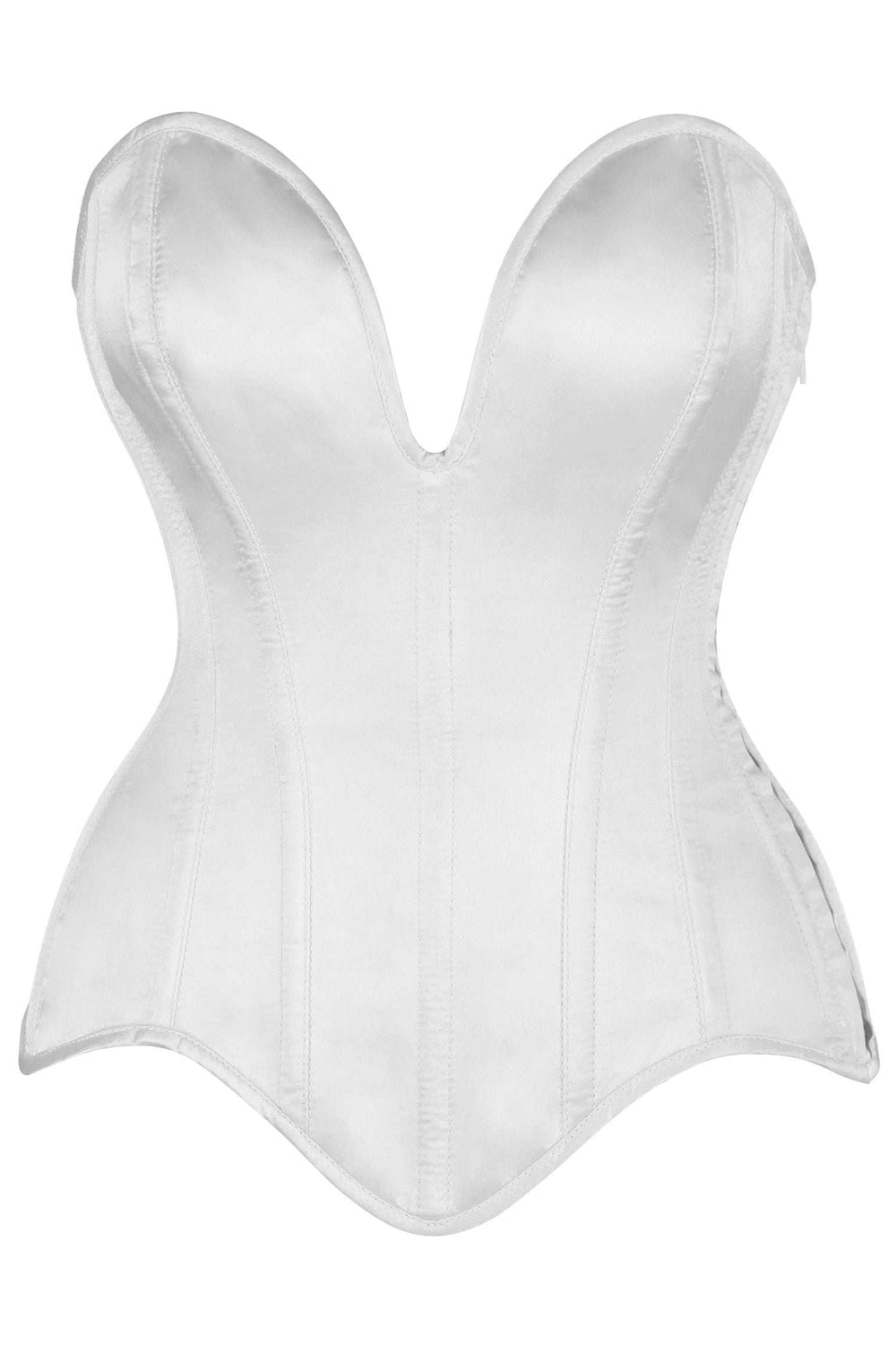 Daisy Corsets Top Drawer Steel Boned White Satin Plunge Neckline Overbust Corset - Daisy Corsets - Flyclothing LLC