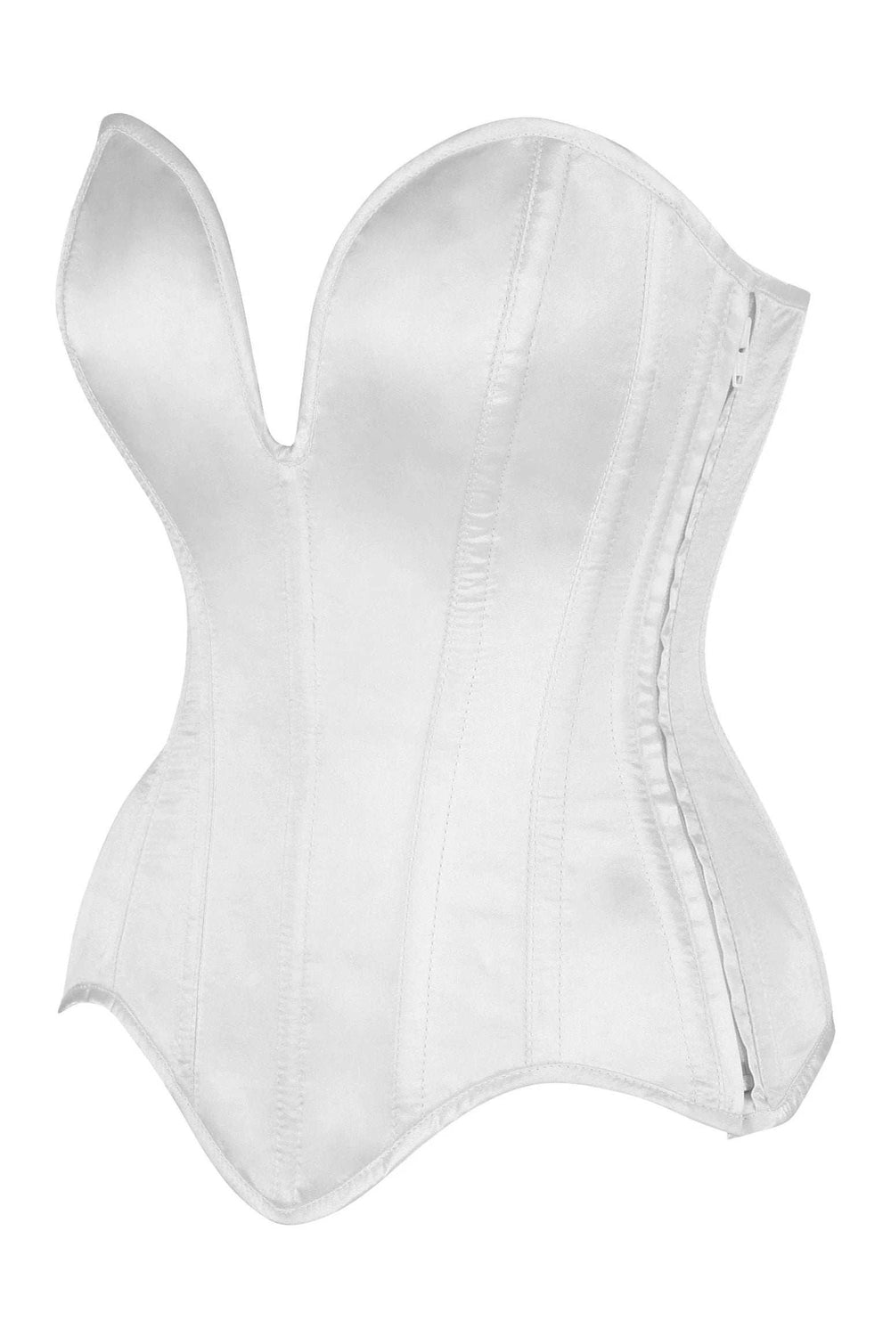 Daisy Corsets Top Drawer Steel Boned White Satin Plunge Neckline Overbust Corset - Daisy Corsets - Flyclothing LLC