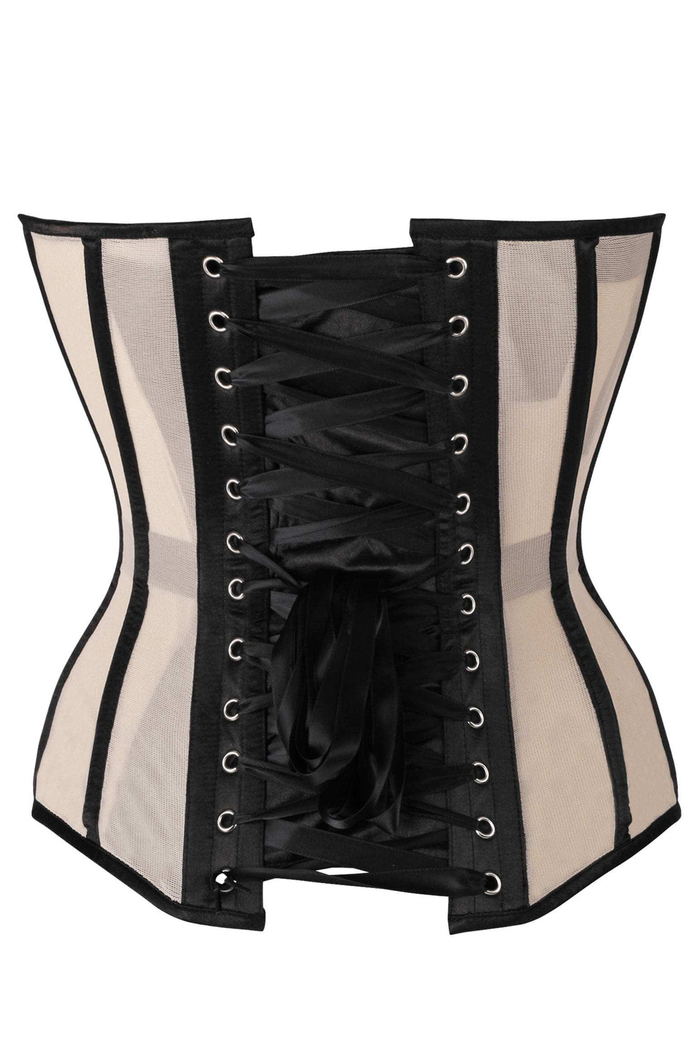 Daisy Corsets Top Drawer Nude Mesh & Black Satin Steel Boned Overbust Corset - Daisy Corsets - Flyclothing LLC