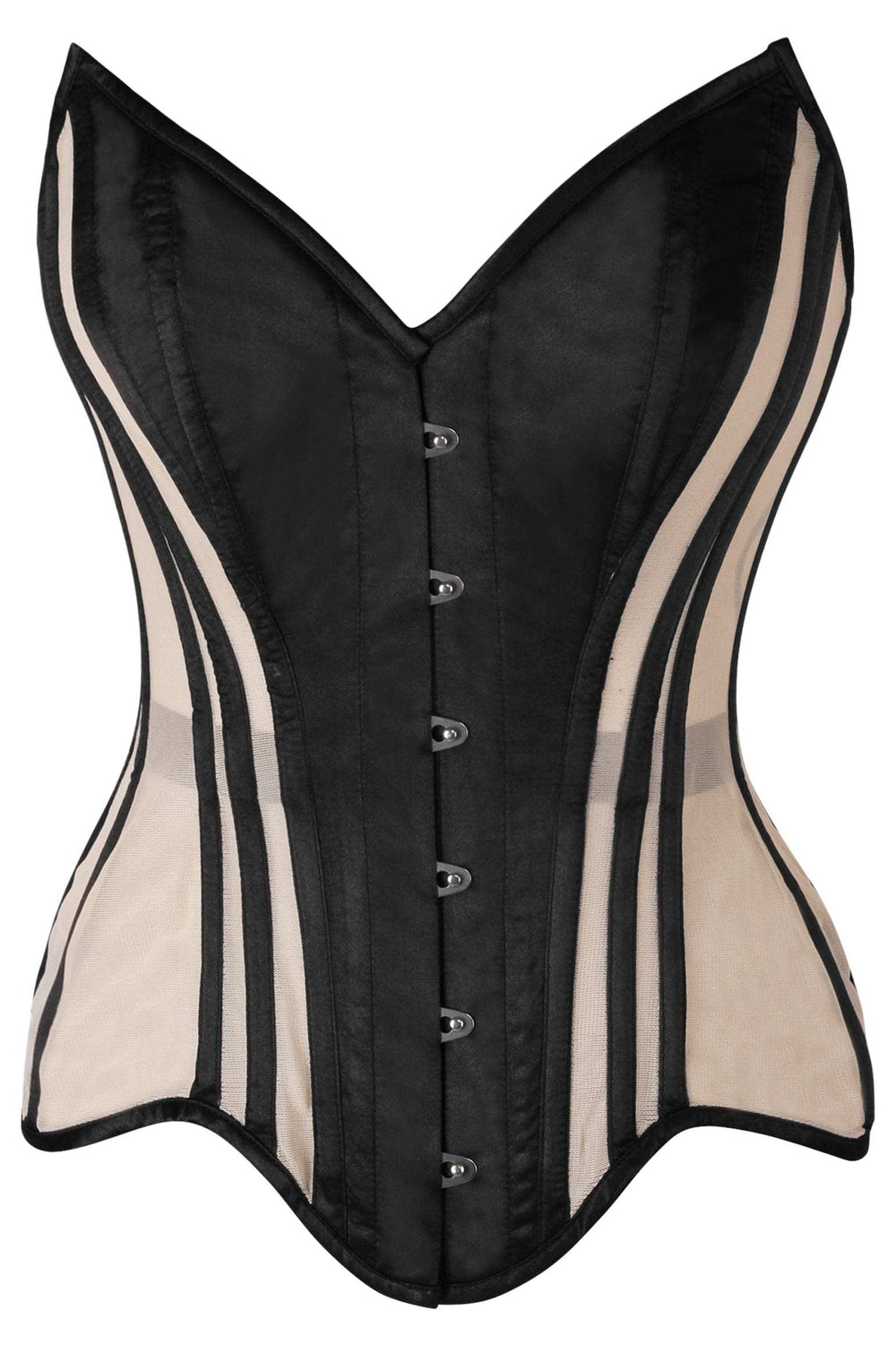 Daisy Corsets Top Drawer Nude Mesh & Black Satin Steel Boned Overbust Corset - Daisy Corsets - Flyclothing LLC