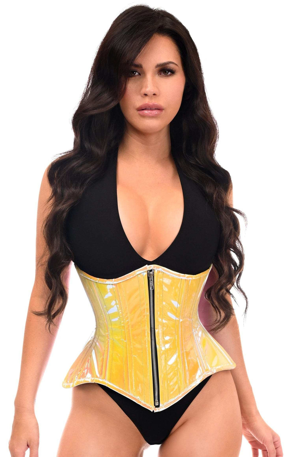 Daisy Corsets Top Drawer Yellow/Pink Holo Double Steel Boned Underbust Waist Cincher Corset - Daisy Corsets - Flyclothing LLC