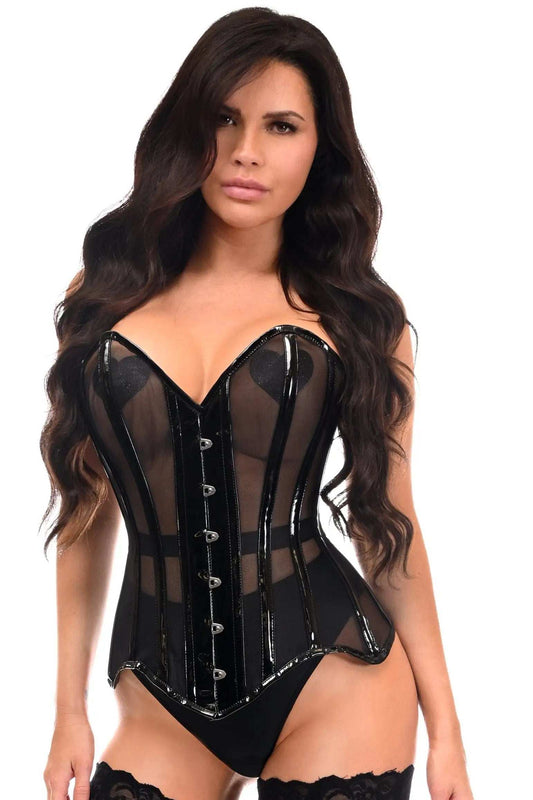 Daisy Corsets Top Drawer Black Mesh Net w/Patent Steel Boned Overbust Corset - Daisy Corsets - Flyclothing LLC