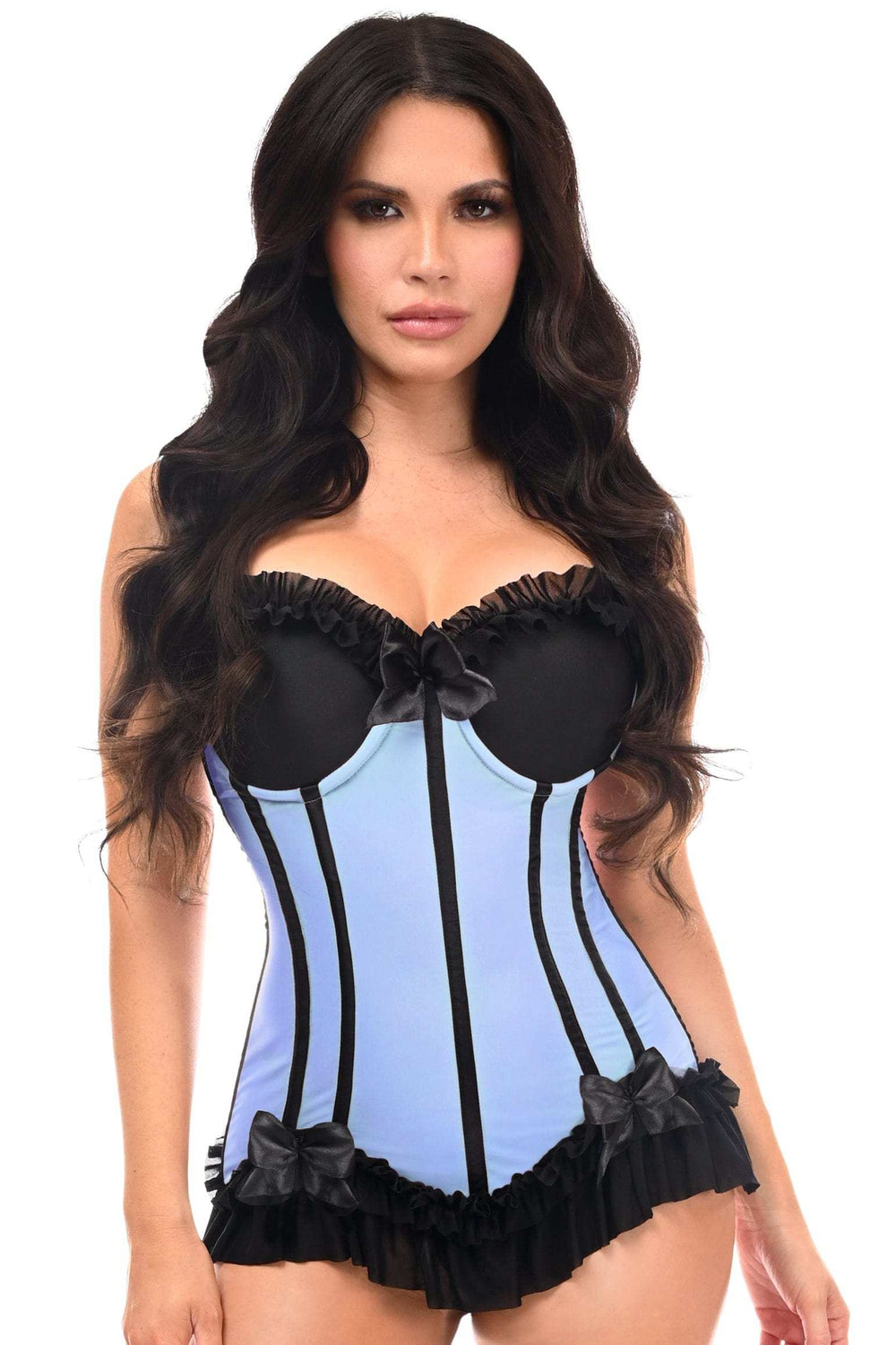 Daisy Corsets Lavish Lt Blue w/Black Lycra Hook & Eye Stretch Bustier Corset - Daisy Corsets - Flyclothing LLC
