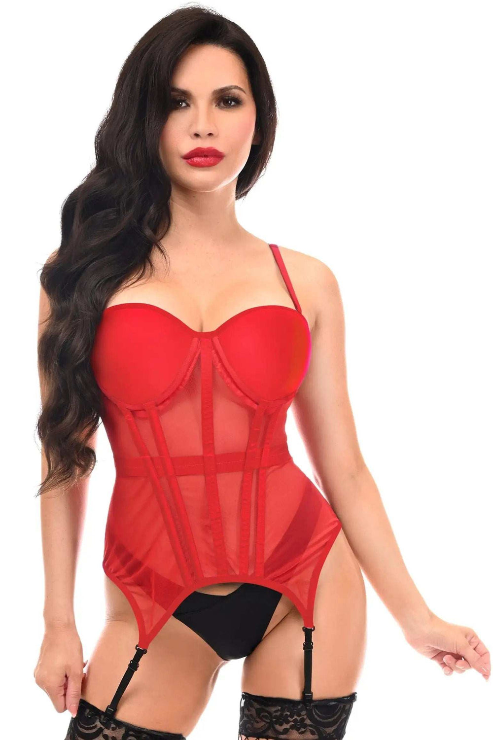 Daisy Corsets Lavish Red Mesh Underwire Bustier Corset w/Garters - Daisy Corsets - Flyclothing LLC