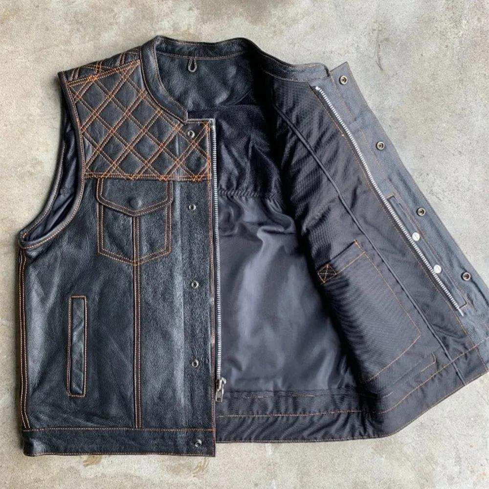 Orange Diamond - Mens Premium Leather Diamond Stitch Club Vest - Unik Just for Bikers - Flyclothing LLC