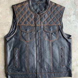 Orange Diamond - Mens Premium Leather Diamond Stitch Club Vest - Unik Just for Bikers - Flyclothing LLC