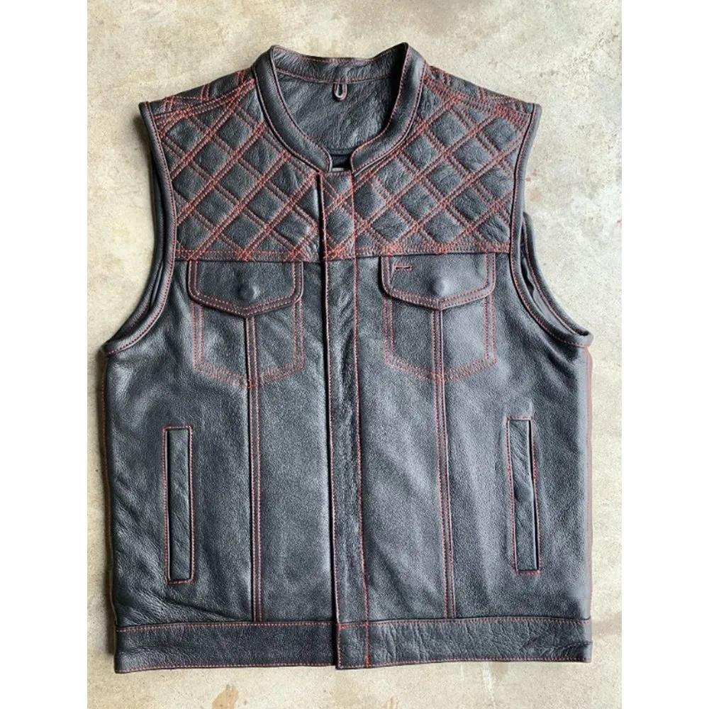 Red Diamond - Mens Premium Leather Diamond Stitch Club Vest - Unik Just for Bikers - Flyclothing LLC