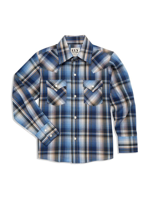 Boy's Ely Cattleman Long Sleeve Ombre Plaid Western Snap Shirt- Blue & Rust - Ely Cattleman - Flyclothing LLC