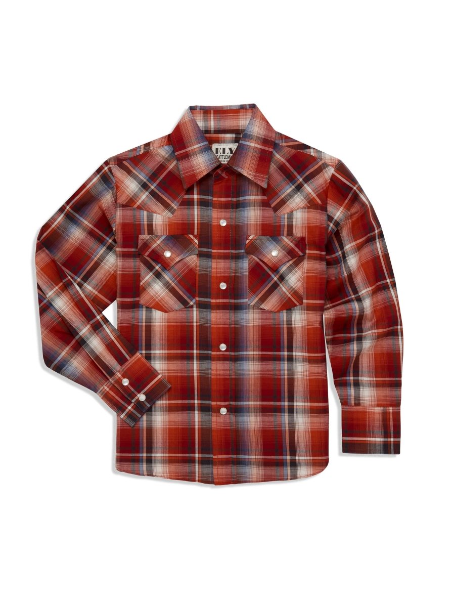Boy's Ely Cattleman Long Sleeve Ombre Plaid Western Snap Shirt- Blue & Rust - Ely Cattleman - Flyclothing LLC