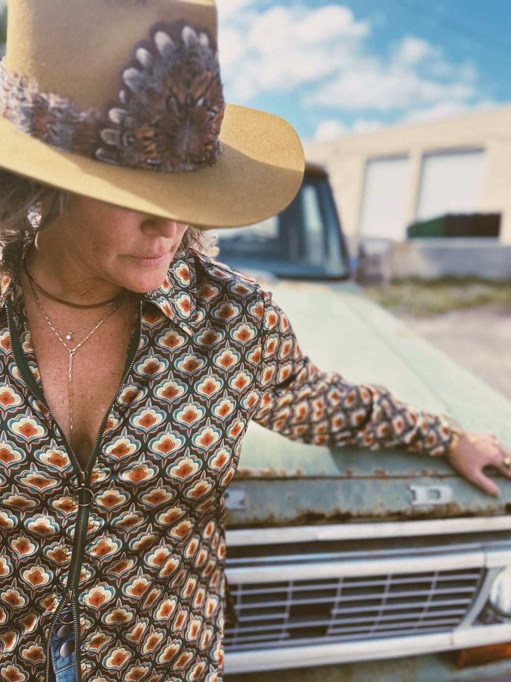 Vagabond Retro Green Tulip Zipper Front Blouse - Lil Bee's Bohemian - Flyclothing LLC
