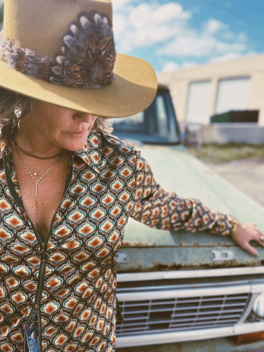 Vagabond Retro Green Tulip Zipper Front Blouse - Lil Bee's Bohemian - Flyclothing LLC