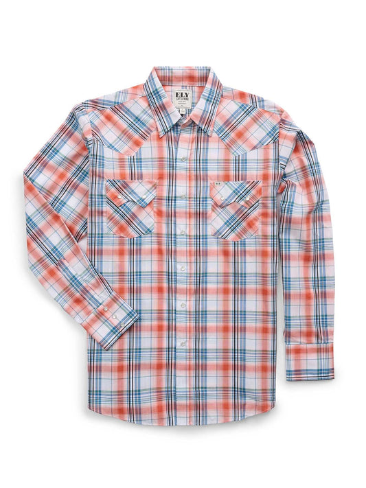 Men's Ely Cattleman Long Sleeve Textured Plaid Western Snap Shirt- Melon - Ely Cattleman - Flyclothing LLC