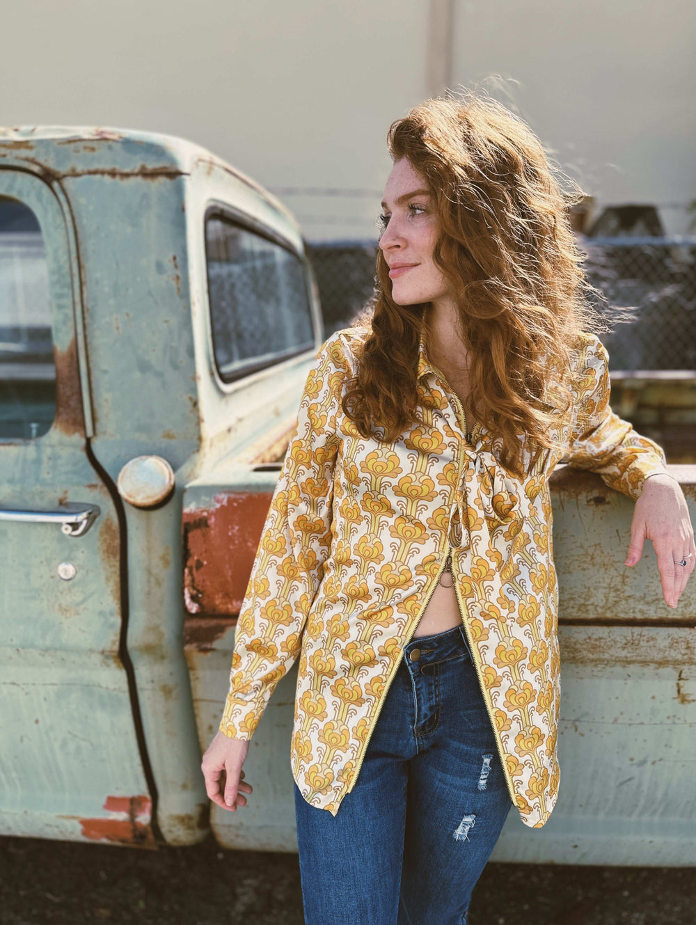 Streets Of Gold Golden Yellow Tulip Zipper Front Blouse - Lil Bee's Bohemian - Flyclothing LLC