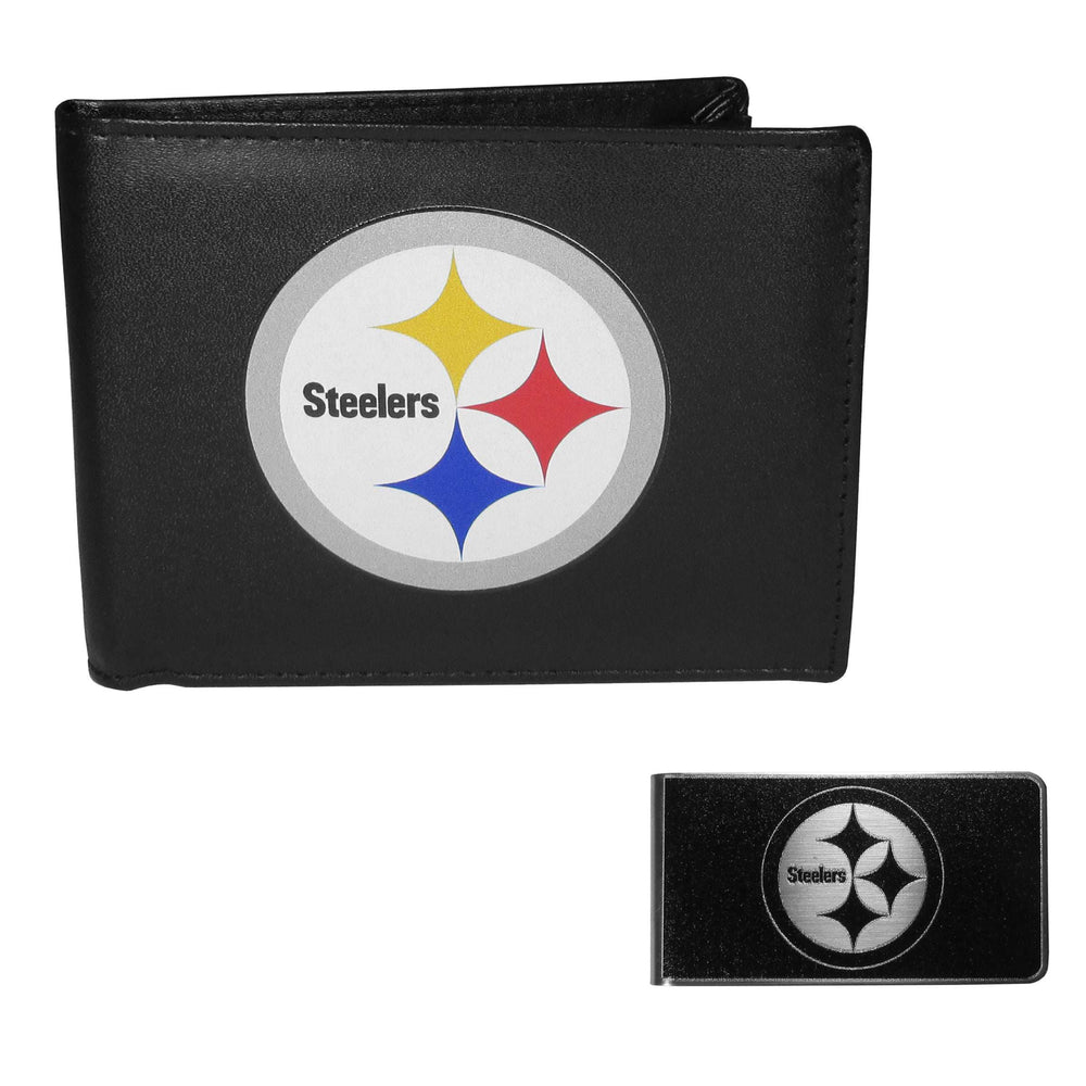 Pittsburgh Steelers Leather Bi-fold Wallet & Black Money Clip - Pittsburgh Steelers - Flyclothing LLC