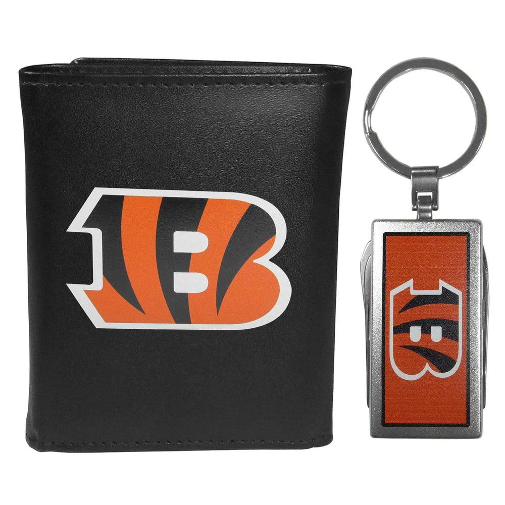 Cincinnati Bengals Leather Tri-fold Wallet & Multitool Key Chain, Black - Cincinnati Bengals - Flyclothing LLC