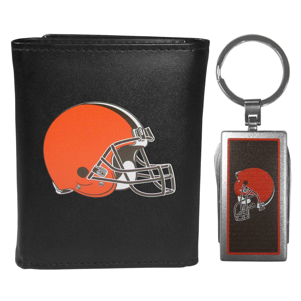 Cleveland Browns Leather Tri-fold Wallet & Multitool Key Chain, Black - Cleveland Browns - Flyclothing LLC