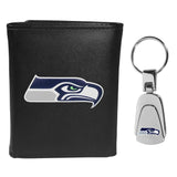 Seattle Seahawks Leather Tri-fold Wallet & Steel Key Chain - Seattle Seahawks - Flyclothing LLC