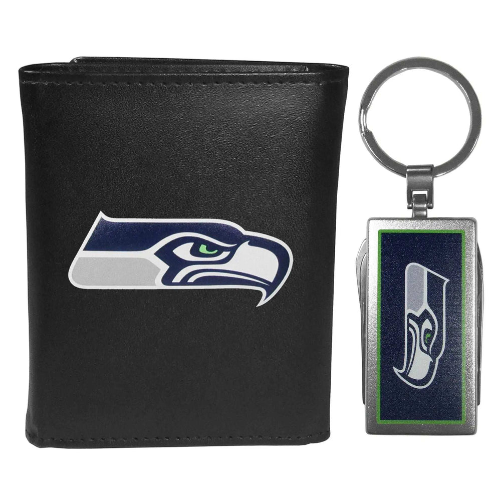 Seattle Seahawks Leather Tri-fold Wallet & Multitool Key Chain, Black - Seattle Seahawks - Flyclothing LLC