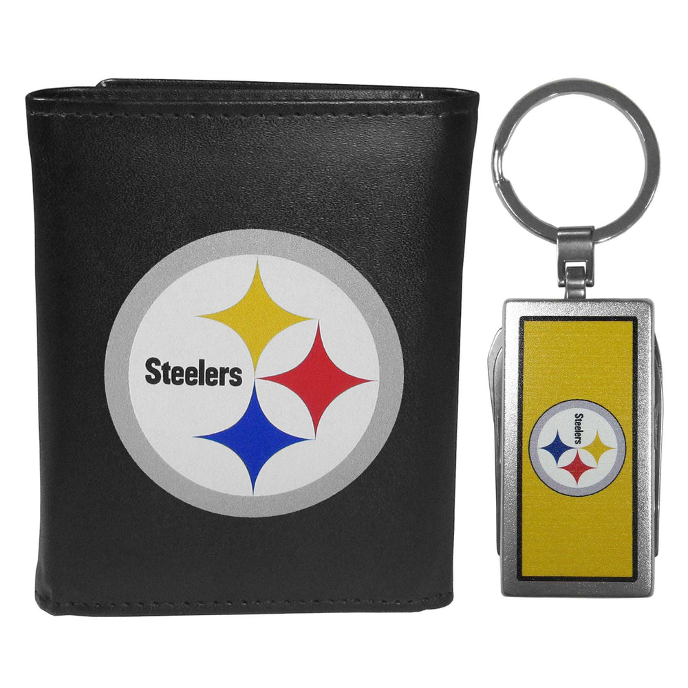 Pittsburgh Steelers Leather Tri-fold Wallet & Multitool Key Chain, Black - Pittsburgh Steelers - Flyclothing LLC