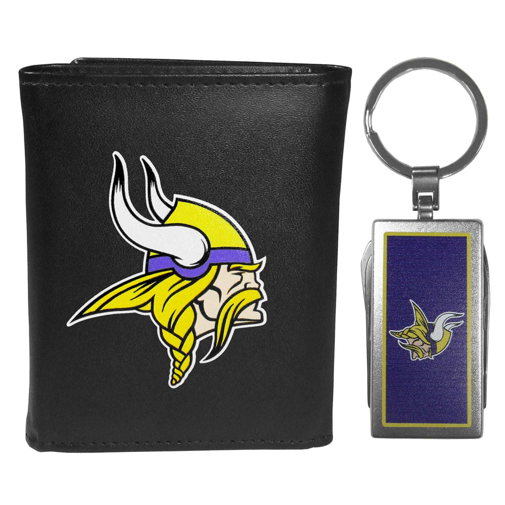 Minnesota Vikings Leather Tri-fold Wallet & Multitool Key Chain, Black - Minnesota Vikings - Flyclothing LLC