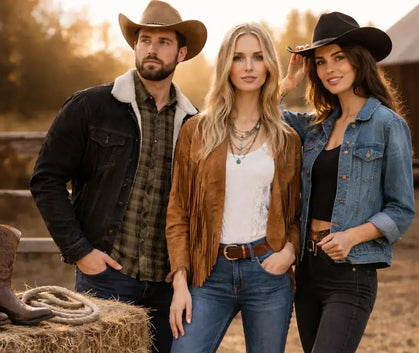 Three people in cowboy and western attire standing outdoors with a sunset background.