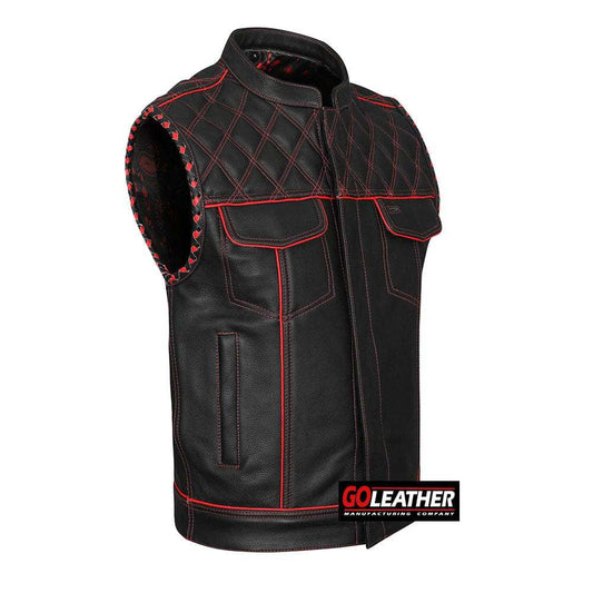 Merciless - Vest with Red Stitch, Piping & Arm Braid - GoLeather - Flyclothing LLC
