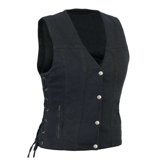 Amara - Ladies Black Denim Vest with Laces - GoLeather - Flyclothing LLC