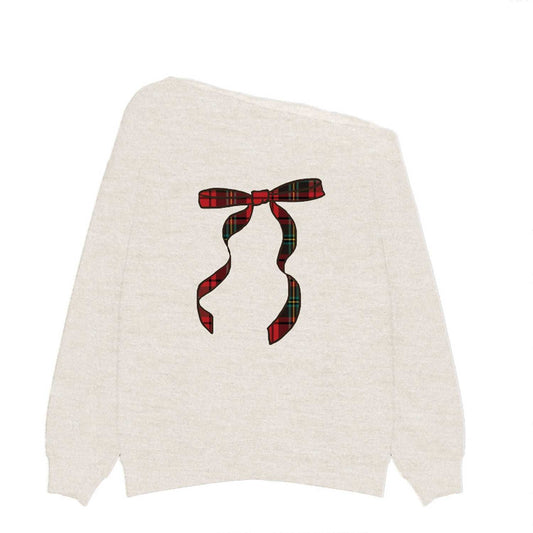 Goodie Two Sleeves Christmas Plaid Bow Off The Shoulder Juniors Sweatshirt - Goodie Two Sleeves - Flyclothing LLC
