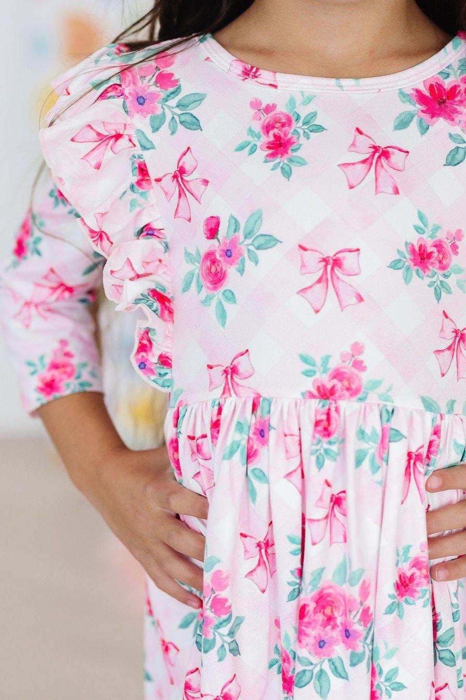 Gingham Bows 3/4 Sleeve Ruffle Twirl Dress - Mila & Rose ® - Flyclothing LLC