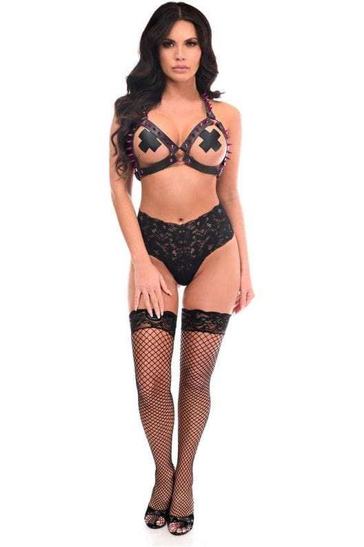 Daisy Corsets Black Vegan Leather & Pink Metallic Spikes Body Harness - Daisy Corsets - Flyclothing LLC