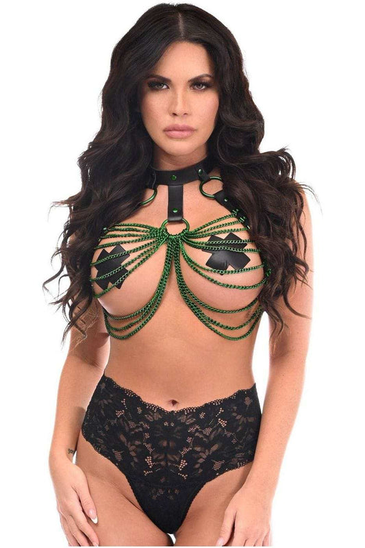 Daisy Corsets Black Vegan Leather & Green Metallic Chains Body Harness - Daisy Corsets - Flyclothing LLC