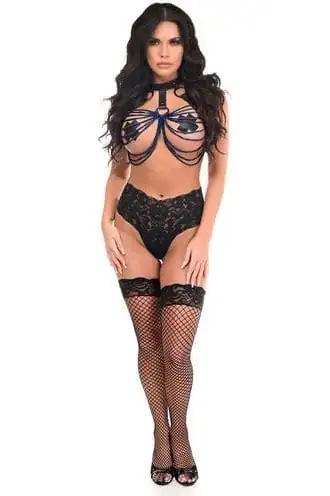 Daisy Corsets Black Vegan Leather & Blue Metallic Chains Body Harness - Daisy Corsets - Flyclothing LLC