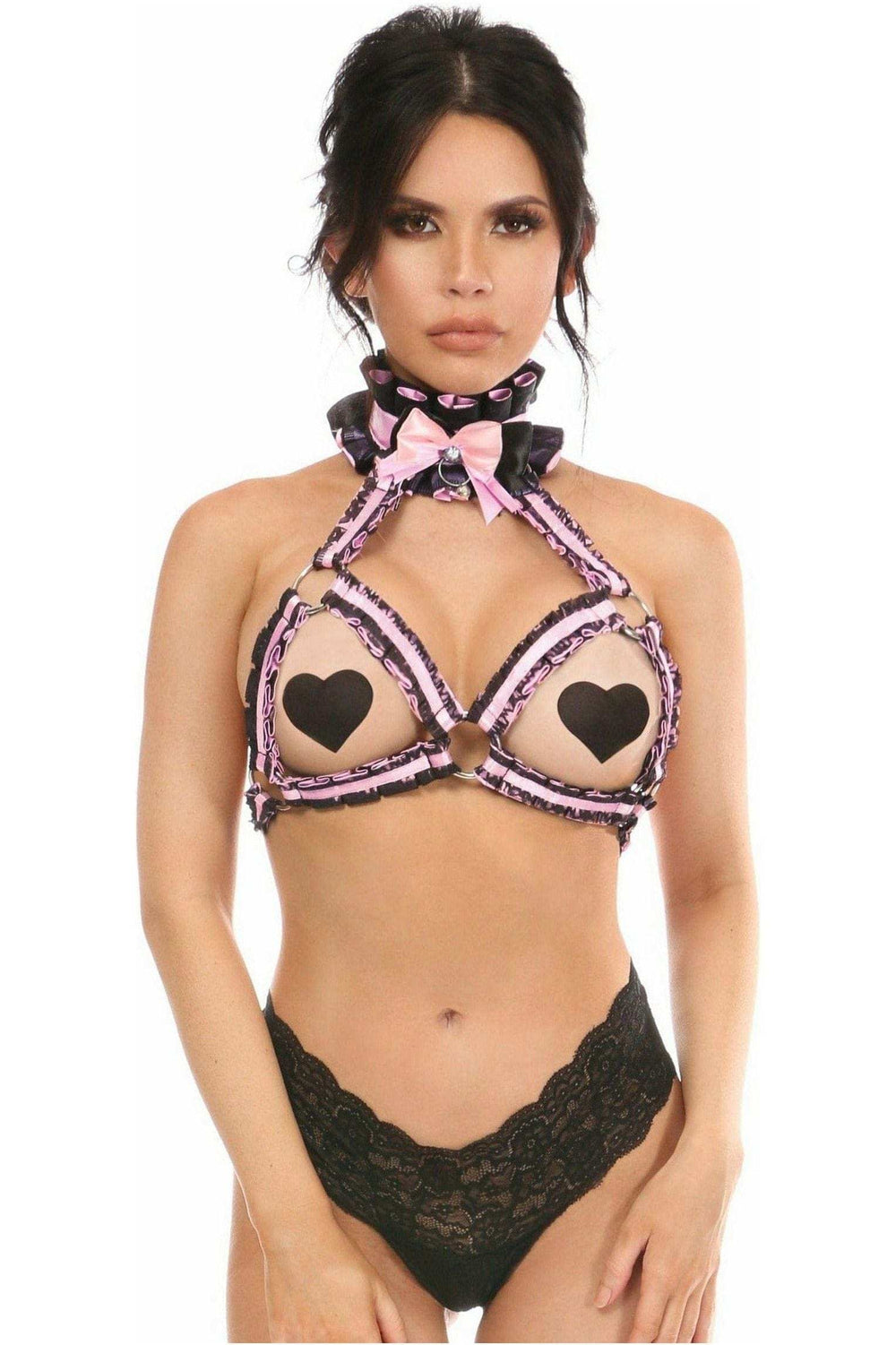 Daisy Corsets Kitten Collection Lt Pink/Black Lace Bra Top Body Harness - Daisy Corsets - Flyclothing LLC