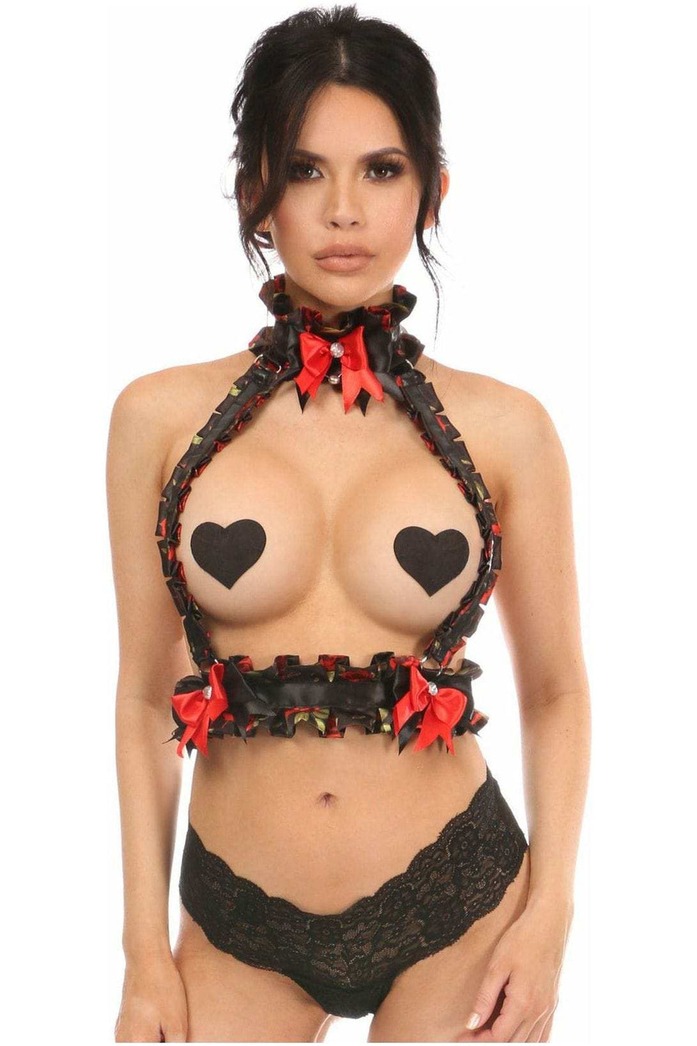 Daisy Corsets Kitten Collection Red Roses Satin Double Strap Body Harness - Daisy Corsets - Flyclothing LLC