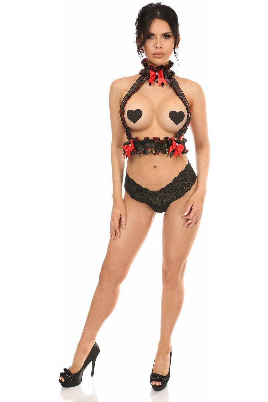 Daisy Corsets Kitten Collection Red Roses Satin Double Strap Body Harness - Daisy Corsets - Flyclothing LLC