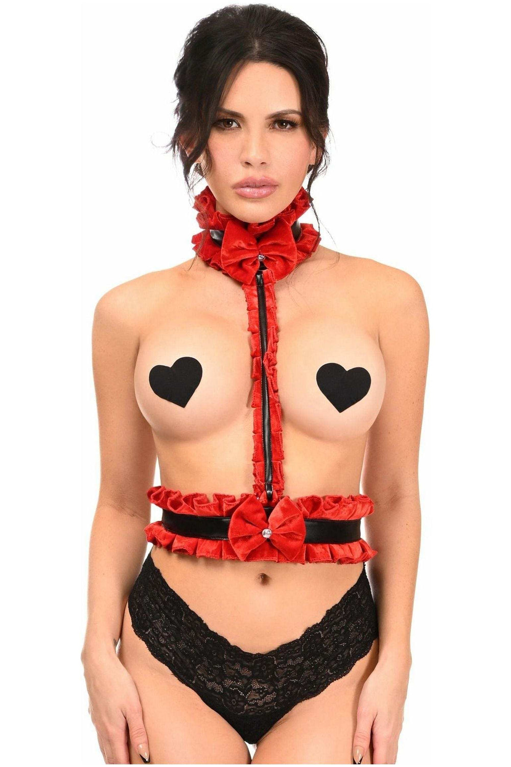 Daisy Corsets Kitten Collection Red Velvet & Faux Leather Single Strap Body Harness - Daisy Corsets - Flyclothing LLC