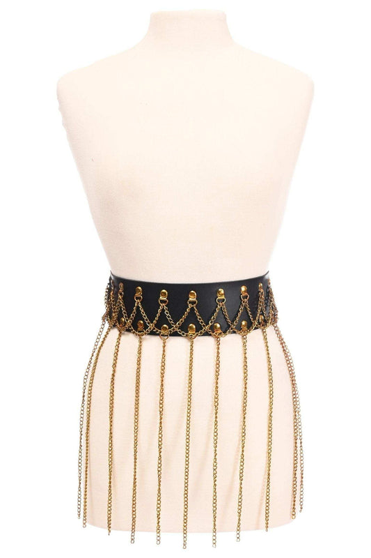 Daisy Corsets Black Faux Leather & Gold Metallic Chain Fringe Skirt - Daisy Corsets - Flyclothing LLC